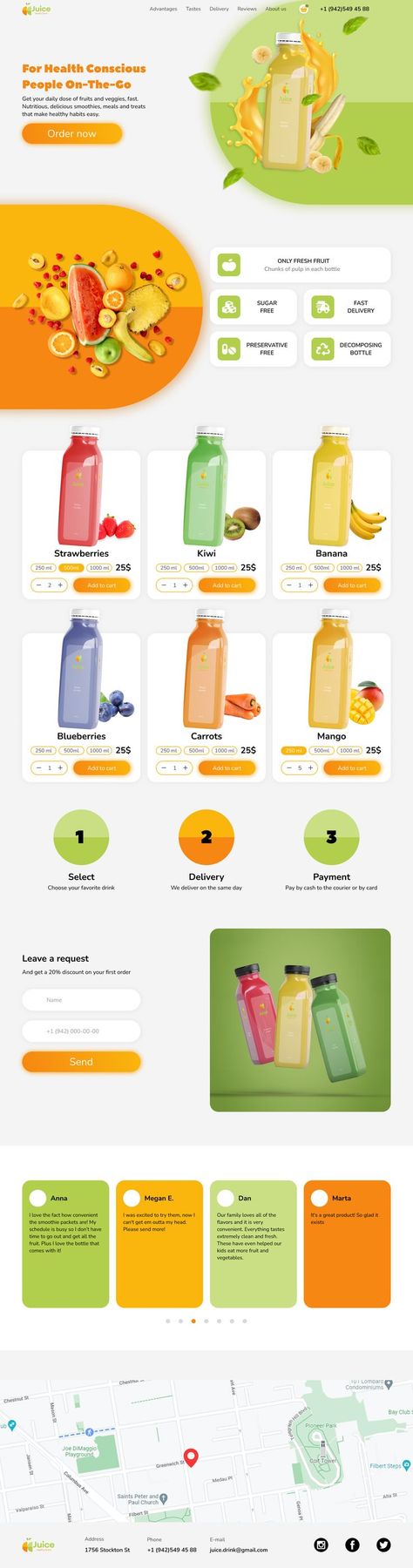 Website for a juice store The main task was to create a landing page for the sale of smoothies and juices, which will reflect the logo and brand identity. On this basis, the website was designed using brand colors and elements from the logo. Juice Store, Ui Design Principles, Unique Website Design, Landing Page Website, App Design Layout, Android App Design, Wireframe Design, Keyword Elements Canva, Juice Branding