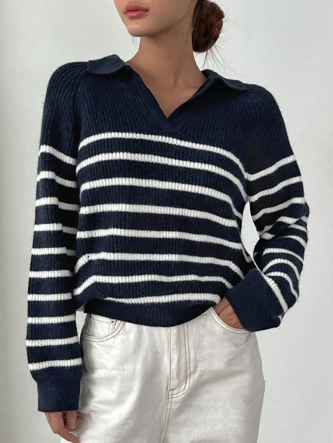 DAZY Striped Pattern Raglan Sleeve Sweater | SHEIN USA Navy Blue Striped Sweater Outfit, Pull Over Outfits, Navy Striped Sweater Outfit, Pullover Outfits Women, Navy Blue Sweater Outfit, Blue Sweater Outfit, Pull Bleu Marine, Striped Sweater Outfit, Striped Knitwear