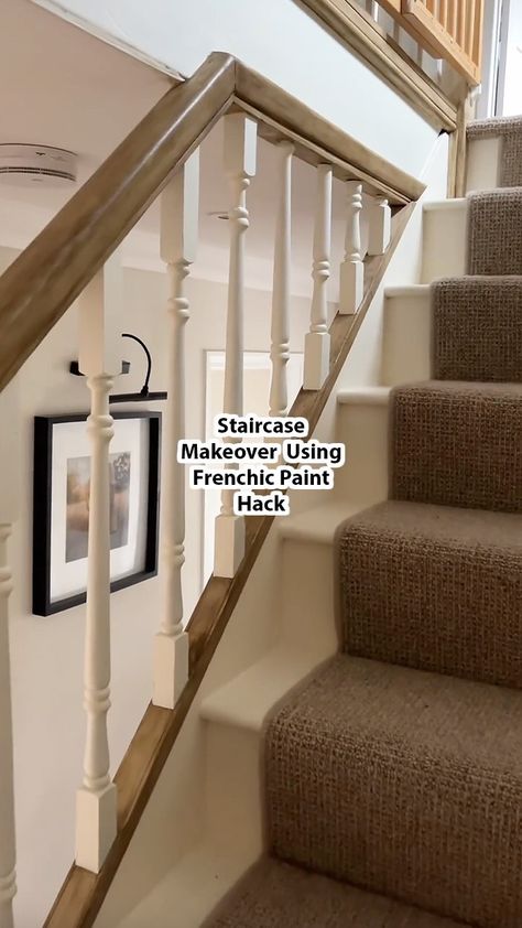 STAIRCASE MAKEOVER 😍 Looking to give your staircase a more timeless, country cottage feel? Steal this idea from Frenchic Fan Abi (over at… | Instagram Cottage Stairs And Landing, Coloured Bannister Ideas, Edwardian Staircase Ideas, Pine Staircase Makeover, Farmhouse Bannisters, Frenchic Browning Wax Stairs, Country Staircase Ideas, Painted Banister Ideas Colour, Coloured Bannister