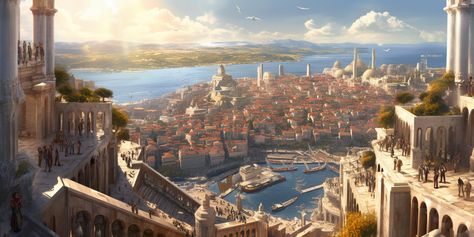 Port Kingdom Fantasy Art, Greece Fantasy City, Fantasy Kingdom Concept Art, Fantasy Capital City, Fantasy Coastal City, Fantasy Port City, Greek Fantasy Art, Fantasy Castle Concept Art, Fantasy Kingdom Cities