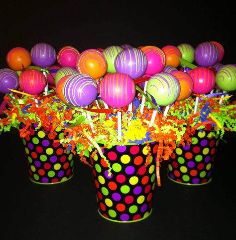 Sherbet Colored Cake Pops by One Bite or Two on Facebook Lisa Frank Cake Pops, 80s Cake Pops, Neon Cake Pops, Neon Sweet 16 Cakes, Neon Sweet 16, Neon Cakes, Jump Party, Neon Birthday Party, Fiesta Cake