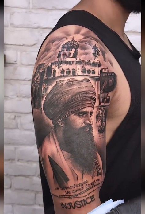 Sant Jarnail Singh Bhindrawale Tattoo, Sikh Warrior Tattoo Design, Sikhism Tattoo, Baba Deep Singh Ji Tattoo, Punjabi Tattoo Ideas, Sikh Tattoo Ideas, Punjab Tattoo, Sikh Tattoo, Farmer Tattoo