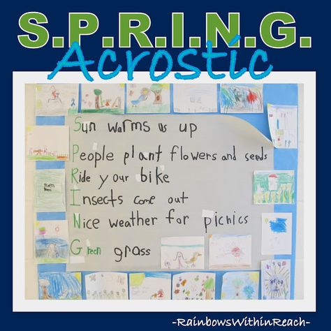 photo of: S.P.R.I.N.G. Acrostic Poem written by First Graders, Collaborative Bulletin Board Spring Art Crafts, Spring Bulletin Boards Preschool, Different Writing Styles, Spring Arts And Crafts, Child Growth, Childrens Art Projects, Childrens Poetry, Spring Bulletin Boards, Spring Classroom