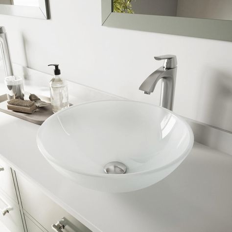 VIGO Glass Vessel Bathroom Sink in White Frost and Linus Faucet Set in Brushed Nickel-VGT1091 - The Home Depot Spa Bathrooms, White Vessel Sink, Brushed Nickel Faucet, Round Sink, Modern Bathroom Sink, Glass Vessel Sinks, Vessel Faucets, Glass Sink, Waterfall Faucet