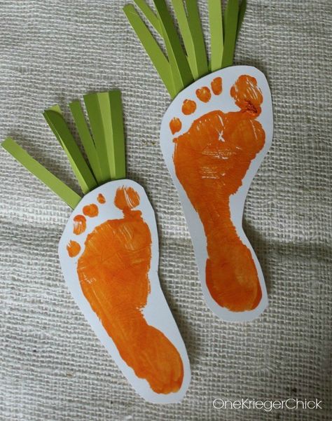 easter handprint ideas | Turn a child’s footprints into carrots! This is a fun craft to do ... Fruit And Veggie Art For Toddlers, Carrot Crafts, Vegetable Crafts, Snow Party, Easter Crafts For Toddlers, Baby Art Projects, Easy Easter Crafts, Footprint Art, Daycare Crafts