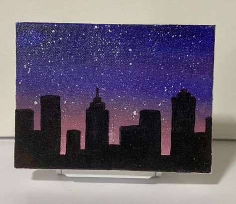 How To Paint A City Skyline Easy Diy, City At Night Painting Easy, Easy Cityscape Painting, City Lights Painting Easy, Painting Ideas On Canvas City, New York Painting Easy, City Painting Easy, Dark Sky Painting, Ideas Para Pintar Cuadros Aesthetic