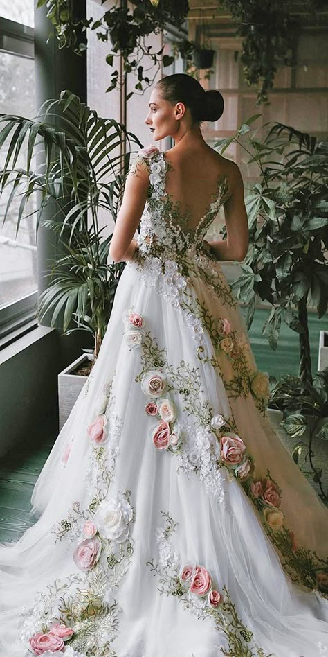 36 Ultra-Pretty Floral Wedding Dresses For Brides | Wedding Forward Wedding Dress With Flowers, Floral Wedding Dresses, Silver Cocktail Dress, Dress With Flowers, Fairy Tale Wedding Dress, Smink Inspiration, Floral Wedding Dress, Wedding Dresses With Flowers, Designing Ideas