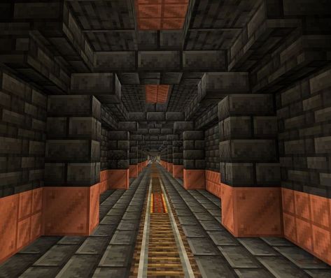 Minecraft Nether Railway Ideas, Underground Railroad Minecraft, Tunnel Design Minecraft, Tunnel Minecraft Ideas, Minecraft Train Tunnel, Minecraft Deepslate Base Ideas, Minecraft Nether Tunnel Designs, Nether Tunnel Minecraft, Minecraft Tunnel Ideas