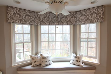 Bay Cornice Board Cornice Boards Window Treatments, Kitchen Window Dressing, Country Window Treatments, Bay Window Decor, Kitchen Window Coverings, Bay Window Treatments, Valance Ideas, Cornice Board, Kitchen Bay Window