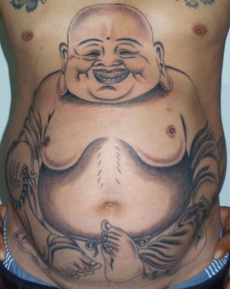 Tattoo Ideas Religious, Tattoes Idea, Religious Tattoo Design, Laughing Buddha Tattoo, Buddhist Tattoos, Religious Tattoo Sleeves, Buddhist Symbol Tattoos, Awful Tattoos, Buddhist Tattoo