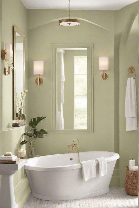 Pale Avocado Paradise: Green Tranquility (BM 2146-40) - 2024 Bathroom Oasis! - upgradesign.blog Pale Green Bathroom, Green Bathroom Paint, Bright Room Colors, Paint Colors 2024, Trendy Apartment Decor, Best Wall Colors, Neutral Wall Colors, Calming Decor, Best Decor Ideas