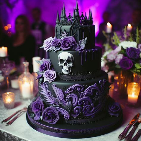 Purple Goth Wedding, Gothic Baking, Black Wedding Cake Ideas, Purple And Black Wedding Theme, Goth Cake, Gothic Cakes, Gothic Birthday Cakes, Skull Wedding Cakes, Goth Cakes