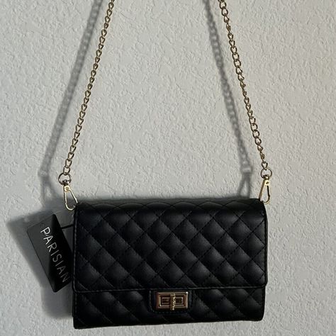 Parisian Small Crossbody Bag In Black Color Brand New With Tags! Gold-Tone Hardware Quilted Faux Leather In Black Color Turn Lock Closure Can Be Converted To A Clutch Bag Interior: 3 Compartments With 1 Zippered Pocket 6 Credit Card Slots, 1 Slip Pocket Detachable Crossbody Strap With Chain, Measures Approximate 25"L Approximate Measurements: 7.25" L X 5” H X 1” D Brand New With Tags Imported Purses Black Women, Black Purse Gold Chain, Small Black Purse Outfit, Cute Black Purse, Black Purse With Gold Chain, Black Purse Outfit, Black And Gold Purse, Black Mini Purse, Little Black Purse