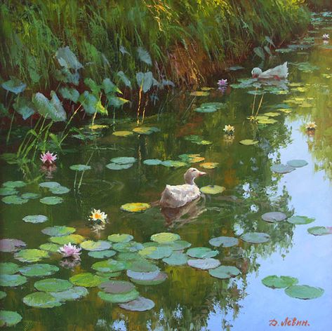 Swamp Lily Pad, Duck In Pond Painting, Creek Painting, Pond With Lily Pads, Lily Pad Pond, Swamp Paintings, Lily Pad Lake, Ducks In Pond, Ducks In Water