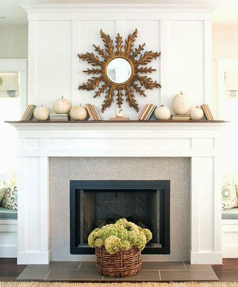 Love the Dried Hydrangeas in a Basket in front of the fireplace, also white pumpkins on the mantle, more subtle than orange Fireplace Redo, A Thoughtful Place, Wood Mantle, Thrifty Decor Chick, White Fireplace, Fall Decor Inspiration, Hill Interiors, Mirror On The Wall, Fireplace Remodel