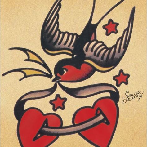 Sailor Jerry swallow with 2 hearts Swallow Tattoo Design, Sailor Jerry Flash, Sailor Jerry Tattoo Flash, Jerry Tattoo, Vogel Tattoo, Sparrow Tattoo, Sailor Jerry Tattoos, Tattoo Old School, Swallow Tattoo