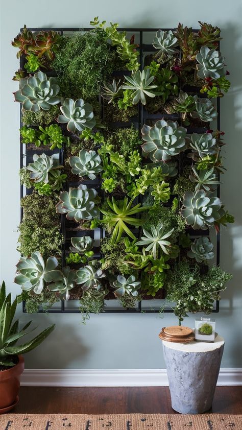 Garden Ideas Succulents, Indoor Plant Room, Plant Shelves Outdoor, Nail House, Green Wall Garden, Birdcage Planter, Succulent Wall Hanging, Succulent Outdoor, Above Sofa