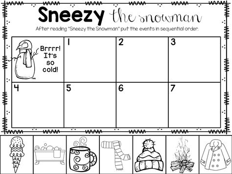 Sneezy the Snowman printable freebie! Sequencing Books For Preschool, Sneezy The Snowman Activities Free, Sneezy The Snowman Craft, Sneezy The Snowman Activities, January Kindergarten Activities, January Fun, Kindergarten January, Snowman Activities, Sneezy The Snowman