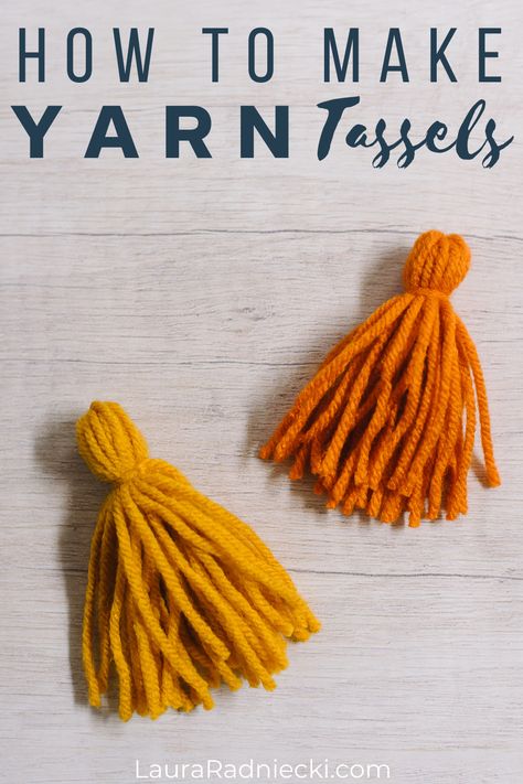 Learn how to make yarn tassels in this DIY tassel tutorial, showing two methods - one by hand and one using cardboard for making tassels. Diy Yarn Tassels How To Make, Making Tassel Garland, How To Make Large Tassels, How To Make Boho Tassles, Diy Tassels For Pillows, How To Make Small Tassels, How To Make A Small Tassel, Small Tassels Diy, Diy Boho Tassels