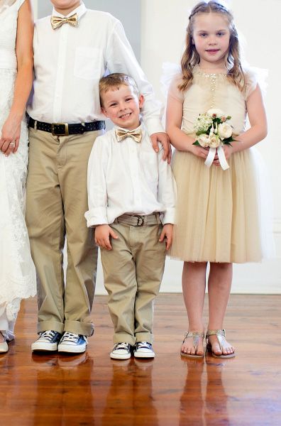 Gold bow ties for the ring bearers! Love this idea. (Photo by Lizzy C Photography) Black And Gold Ring Bearer Outfit, Silver Weddings, Ideas Matrimonio, Flower Girl Outfits, Gold Wedding Reception, Ideas For Wedding Decorations, School Uniform Kids, Gold Wedding Theme, Ring Bearers