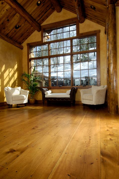 Discover how this eastern white plank floor was naturally weathered and distressed as the Wyoming elements and crews treated the floor with reckless abandonment, achieving natural foot traffic patterns reminiscent of centuries-old antique floors.   Photographer: Dan Gair, Blind Dog Photo.   #HouseTour #DreamKitchen #whitepineflooring Wide Plank Floors, Pine Flooring, Antique Flooring, Eastern White Pine, Travertine Floors, Wide Plank Flooring, Flooring Trends, Unique Flooring, Pine Floors