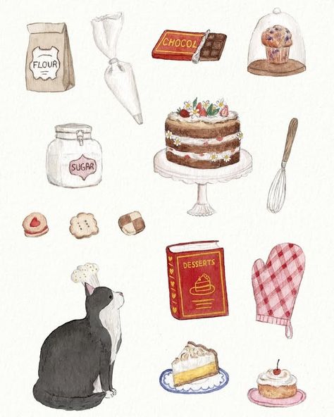 Instagram Pastries Aesthetic, Recipe Box Design, Something For Your Mind, Sticker Sheet Ideas, Watercolor Bakery, Breakfast Illustration, Cookie Drawing, Cozy Illustration, Cookie Cottage