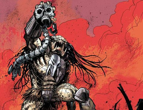 The Predator known as Ahab stands victorious with the skull of an Engineer! Taken from Dark Horse Comics' Fire and Stone series (Predator). Predator Comics, Giger Art, Chaos Magic, The Predator, Dark Artwork, Fire And Stone, Alien Vs Predator, An Engineer, Alien Vs