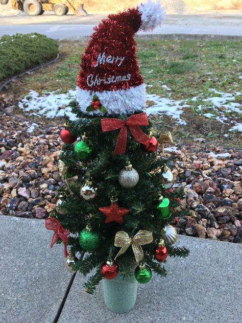 Cemetery Christmas Tree~Santa Hat~Grave Decoration~Artificial Tree~Styrofoam Vase Insert~Graveside~READY TO SHIP~In Loving Memory Christmas Tree For Cemetery Vase, Christmas Headstone Ideas, Cemetary Christmas Decorations Diy, Christmas Grave Decorations Cemetery, Cemetery Christmas Tree, Grave Wreaths, Cemetery Wreaths, Grave Arrangements, Grave Ideas