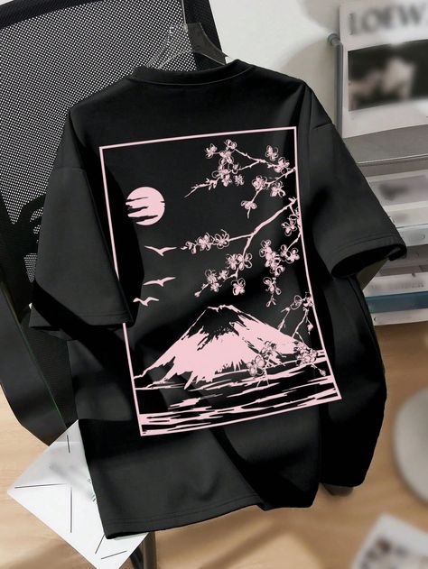 Black Casual Collar Short Sleeve Knitted Fabric   Embellished Slight Stretch  Teen Boys Clothing Minimalist Scenery, Shirts For Teens Boys, Japanese Tshirt, Teen Boy Outfits, Aesthetic Shirts, Shirts For Teens, Painted Clothes, Teen Boy, Boys Casual