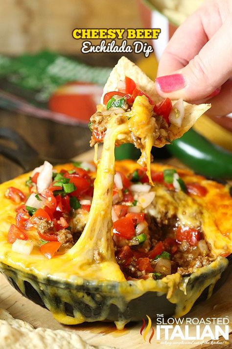 Beef Enchilada Dip, Enchilada Dip, Slow Roasted Italian Recipes, Cheesy Enchiladas, Hot Dips, Beef Enchilada, Slow Roasted Italian, Party Snacks Easy, Spreads Recipes