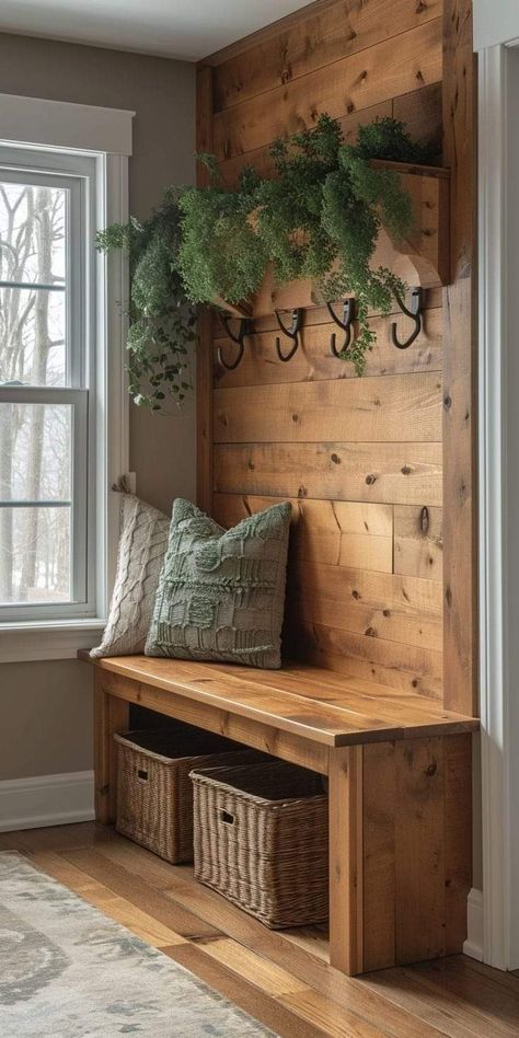 Mudroom Breezeway Ideas, Boho Home Design Decor Ideas, Utility Decor Ideas, Farmhouse Chic Design, Breezeway Decor Ideas, Narrow Entryway Organization, Mud Room Hallway Entry Ways, Rustic Mudroom Ideas Entryway, Rustic Renovation Ideas