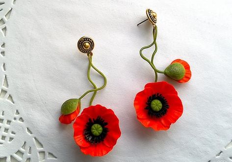 Poppy Earrings, Bronze Anniversary Gifts, Polymer Clay Flower Jewelry, Vintage Inspired Earrings, Smoky Quartz Pendant, Handmade Jewelry Bracelets, Earrings Clay, Clay Flowers, Brooches Handmade