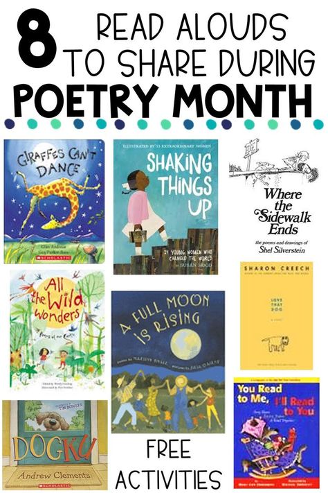 Teachers, click today to see these must read poetry read aloud books to share with your students during any poetry unit or during April for National Poetry Month. Nonfiction poem books, novels & picture books all made the list of these poetry read aloud books. Your 3rd, 4th, and 5th grade students will love to hear these books. Grab free poetry printables to use with each of the books that are included. Where the Sidewalk Ends, Love that Dog, Dogku and Shaking Things Up are just a few included. Poems For 3rd Grade, Poetry 3rd Grade, 3rd Grade Poetry, Poetry Books For Kids, Poetry Lesson, Poem Books, Poetry Tea, Poetry Tea Time, Where The Sidewalk Ends