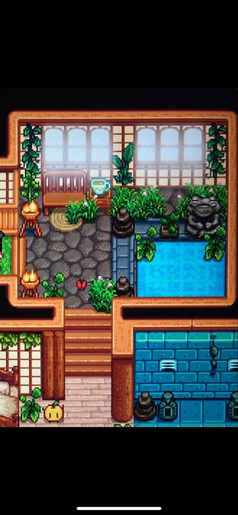 Stardew Valley Farm Layout House, Stardew Valley Painting Buildings, Stardew Greenhouse Design, Sdv House Ideas, Joja Mart Stardew Valley, Stardew Valley Greenhouse Ideas, Stardew Cottagecore House, Stardew Basement Ideas, Stardew Valley Shipping Bin Layout