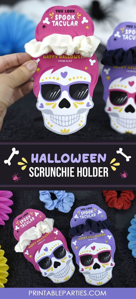 printable halloween scrunchie holder, skull design for halloween classroom gift Halloween Classroom Gift Ideas, Cheer Halloween Goodie Bags, Halloween Cheer Gifts, Halloween Party Gift Bags, Halloween Scrunchies, Halloween Handout, Scrunchie Holder, Pumpkin Song, Printable Halloween Tags