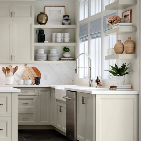 Your perfect spring refresh! Painted Harbor Kitchen Cabinets, Harbor Kitchen Cabinets, Monochromatic Kitchen, Colorful Chandelier, Monochromatic Design, Spring Refresh, Marble Backsplash, Home Addition, Kitchen Reno