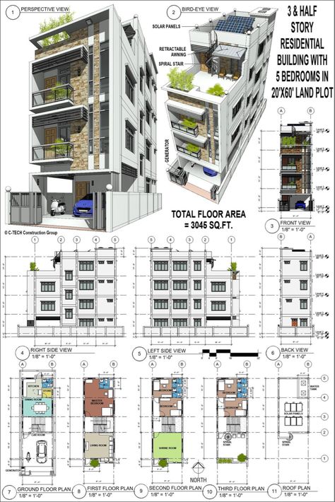 Building Design Plan, Small Apartment Building, Narrow House Designs, Residential Building Design, House Floor Design, Building House Plans Designs, Small House Floor Plans, Building Plans House, Architectural Design House Plans