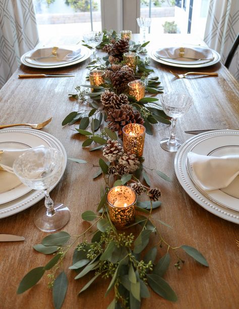 Pine Cone   Eucalyptus Garland Holiday Tablescape Garland Table Runner, Holiday Tablescape, Table Garland, Minimalist Candles, Christmas Dining Table, Christmas Dinner Table, Christmas Table Centerpieces, Eucalyptus Garland, Holiday Table Settings