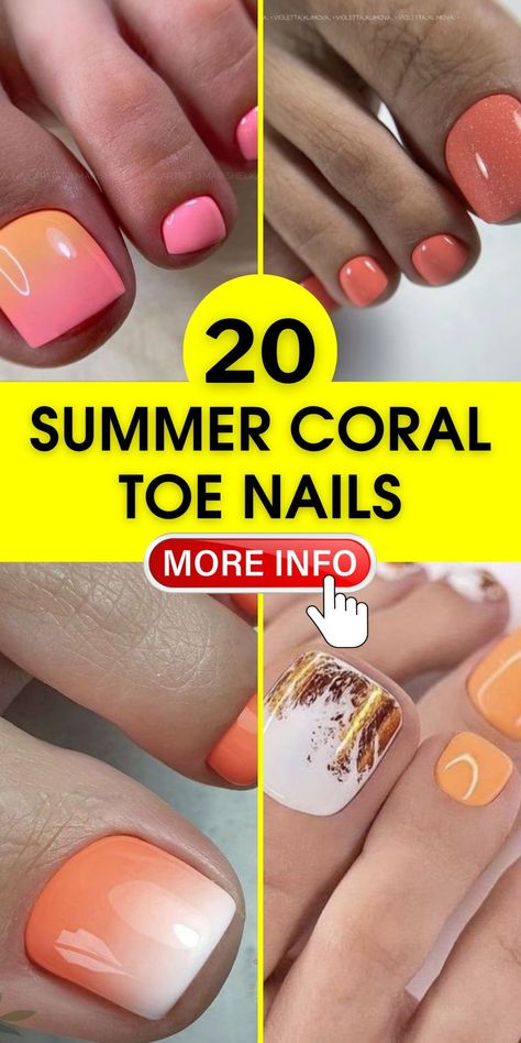 Embrace the warmth of the season with summer coral toe nails. Our designs for sunny days include a spectrum of colors for creating the perfect summer look. Let your toes make a statement this year. Vacation Nails Mani Pedi, Coral Toenails With Design, Pedicure Ideas Coral, Pedicure Ideas For Mexico, Pedicure For The Beach, Coral Pedicure Ideas, Mexico Pedicure Ideas, Hot Pink Pedicure Ideas, Simple Toenail Designs Summer