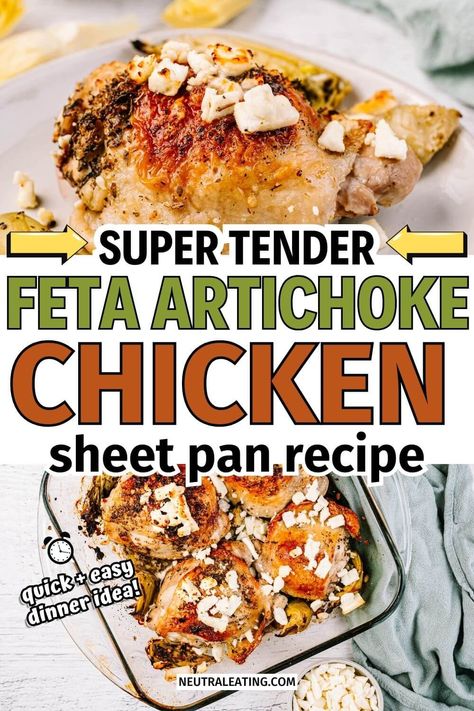 Looking for one pan chicken thigh meals? We have the best feta artichoke chicken recipe that everyone will love! This quick feta recipes is so easy to make. Give our gluten free chicken recipes a try! Chicken Thigh Meals, Chicken Oven Recipe, Chicken Artichoke Recipes, Feta Artichoke, Sheet Pan Meals Chicken, Gluten Free Chicken Recipes, Bone In Chicken Thighs, Healthy Low Carb Dinners, Feta Chicken