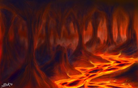 Lava Cave by DaniSeik on DeviantArt Lava Cave Concept Art, Lava Reference, Cave Drawing, Magical Lake, Cave Drawings, Anime Places, Board Aesthetic, Animation Storyboard, 2d Game Art