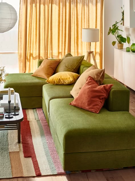 Customised Sofa, Cosy Sofa, Ikea Sofas, Green Couch, Retro Living Rooms, Ikea Sofa, Interior Design Elements, Modul Sofa, Mid Century Modern Living Room