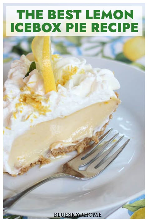 The Best Lemon Icebox Pie You've Ever Tasted. This easy sweet and tart lemon pie recipe is perfect for a company dessert or a family dessert. Easy Lemon Icebox Pie Condensed Milk, Lemon Icebox Dessert, Ice Box Lemon Pie Condensed Milk, Lemon Icebox Pie With Cream Cheese, Lemon Condensed Milk Pie, Easy Lemon Pie Recipes, Icebox Lemon Pie Condensed Milk, Lemon Freezer Pie, Lemon Ice Box Pie Recipe Condensed Milk