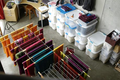 yarn drying racks in Sweet Georgia's dye studio Dyeing Yarn, Craft Shed, Spinning Wool, Studio Organization, Dream Studio, Year One, Workspace Inspiration, Spinning Fiber, Yarn Store