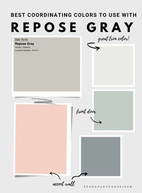 Sherwin Williams Repose Gray: Photos, Videos, and Secret Tip (2021) Color Palette Repose Gray, Colors With Repose Gray, Repose Gray Palette, Paint Colors That Go With Repose Gray, What Colors Go With Repose Gray, Sw Repose Gray Exterior, Repose Gray Accent Colors, Repose Gray Sherwin Williams Bedroom, Repose Gray Living Room Decor