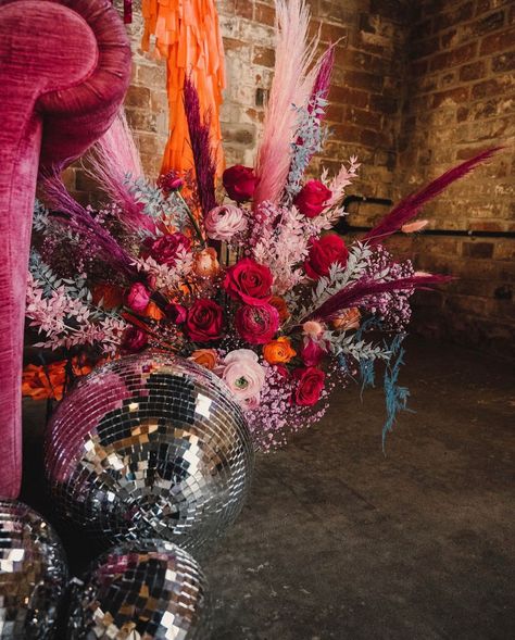 love sea grass as space filler Bohemian Disco Decor, Modern Vibrant Wedding, Colorful Nye Wedding, Romantic Disco Wedding, Bright Disco Wedding, 70s Disco Wedding Theme, Funky Wedding Bouquets, Upstage The Bride Wedding Theme, Disco Floral Arrangements