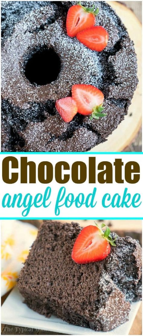 Chocolate angel food cake is amazing and only requires 3 ingredients to make! Our favorite fat free chocolate cake recipe that's fluffy and light. Angle Food Cake Dessert Recipes, Angle Food Cake Dessert, Cake With Cocoa Powder, Palace Kitchen, Chocolate Angel Food Cake, Patty Cakes, Cake Mix Desserts, Vintage Cakes, Butter Tarts