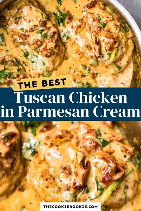 Succulent Tuscan Chicken in a dreamy, creamy Parmesan sauce. This delightful dish is packed with spinach, sun-dried tomatoes, garlic and loaded with flavor! Thanks to @danishcreamery European Style Butter, this buttery parmesan cream sauce is so amazing, you’ll be making this time and time again. Tuscan Chicken Recipe, Creamy Parmesan Sauce, Creamy Chicken Enchiladas, Parmesan Cream Sauce, Parmesan Sauce, Creamy Parmesan, Tuscan Chicken, Chicken Main Dishes, Chicken Dishes Recipes