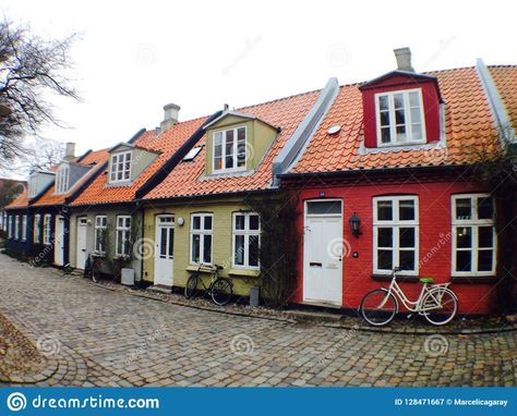 Photo about Cute traditional colorful little houses in the Old part of Aarhus in Denmark. Image of denmark, cute, danish - 128471667 Curvilinear Perspective, Funky Buildings, Danish Homes, Denmark Christmas, Denmark House, Cabin Houses, Danish House, My Scandinavian Home, Danish Architecture