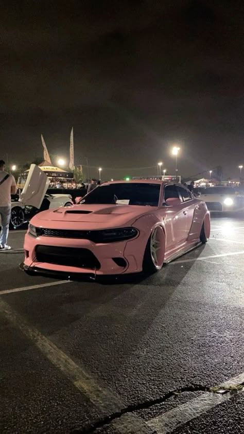 Pink Hellcat Wallpaper, Hellcat Car Aesthetic, Pink Dodge Charger Aesthetic, Pink Srt Hellcat, Pink And Black Dodge Charger, Red Eye Hellcat Charger, Pink Charger Car, Doge Charger Pink, Charger Srt Hellcat Aesthetic